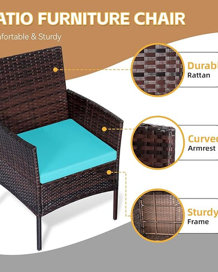 Patio Furniture Set 3 Pieces All-Weather Rattan Outdoor Furniture Patio Chairs with Tempered Glass Table for Porch Bistro Balcony Bistro Set(Brown/Blue) - LeafyLoom