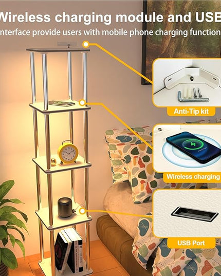 Kekeou RGBCW Floor Lamp with Shelves Tall Lamp Music Sync APP Control Standing Lamp with Wireless Charger & USB Port Color Changing Lamp with Shelves Work with Alexa White 5 Tier - LeafyLoom
