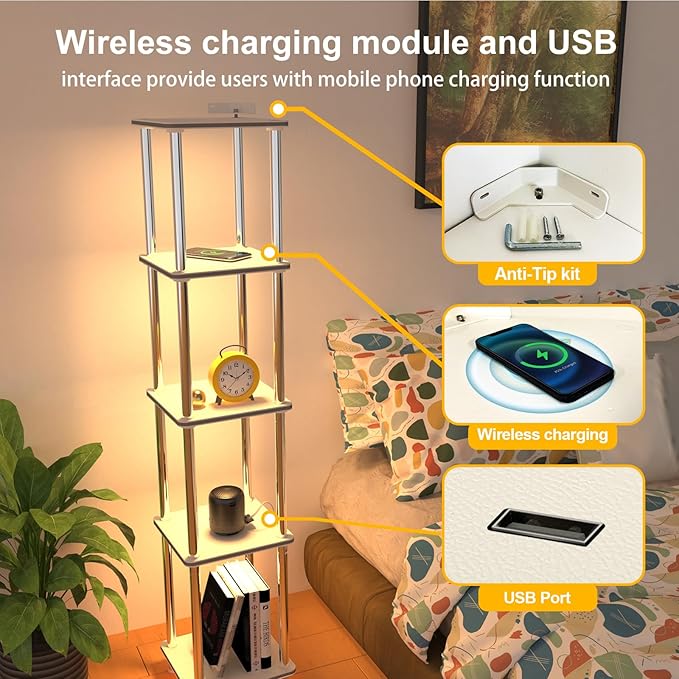 Kekeou RGBCW Floor Lamp with Shelves Tall Lamp Music Sync APP Control Standing Lamp with Wireless Charger & USB Port Color Changing Lamp with Shelves Work with Alexa White 5 Tier - LeafyLoom