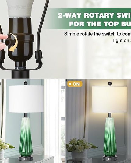 28" Green Glass Table Lamps Set of 2, Modern Table Lamps with USB A+C Ports & AC Outlet, Touch Control Bedside Nightstand Lamp with Crystal Night Light & White Fabric Shade for Bedroom(Bulbs Included) - LeafyLoom