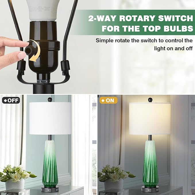 28" Green Glass Table Lamps Set of 2, Modern Table Lamps with USB A+C Ports & AC Outlet, Touch Control Bedside Nightstand Lamp with Crystal Night Light & White Fabric Shade for Bedroom(Bulbs Included) - LeafyLoom