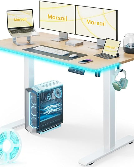 Marsail Electric Standing Desk Adjustable Height, 48 * 24 Inch Sit Stand up Desk for Home Office Furniture Computer Desk with 3 Memory Presets, Headphone Hook, Light Maple - LeafyLoom
