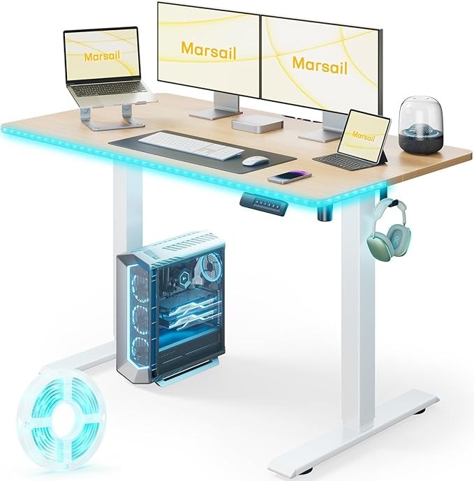 Marsail Electric Standing Desk Adjustable Height, 48 * 24 Inch Sit Stand up Desk for Home Office Furniture Computer Desk with 3 Memory Presets, Headphone Hook, Light Maple - LeafyLoom