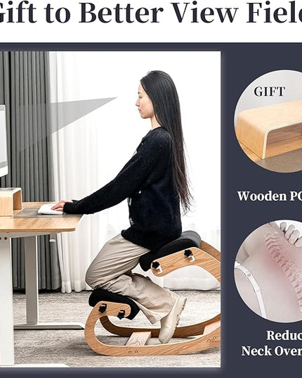 Professional Kneeling Chair with Wooden Computer Stand Comfortable Cushion Adjustable Knee Chair Ergonomic Rocking Posture Chair for Back Pain Relief - LeafyLoom
