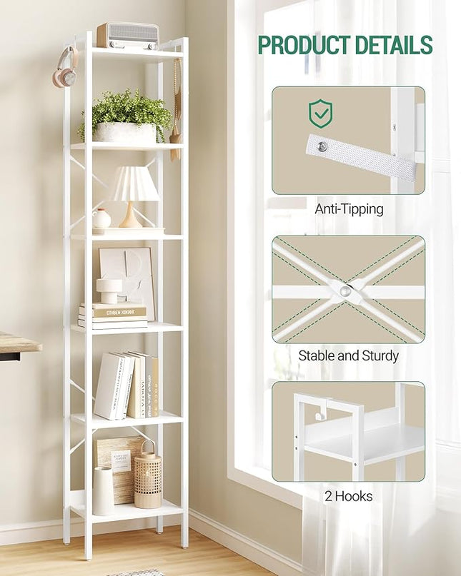 Bookshelf, Book Shelf, Industrial Bookcase with 2 Hooks, Coner Shelf Storage Organizer for Home Office, Living Room, Bedroom, Kitchen, 6-Tier White BC10713W - LeafyLoom