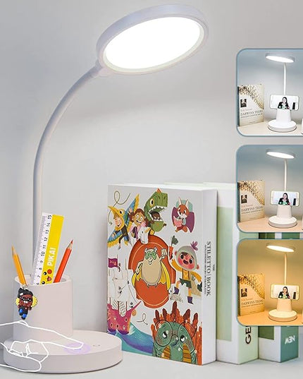 GOLSPARK Battery Operated Desk Lamp LED Rechargeable 4500mAh White LED Desk Lamps Dimmable, Touch Control 360°Flexible Dorm Reading Lamp for Students-3 Color Modes with Pen Holder Phone Stand - LeafyLoom