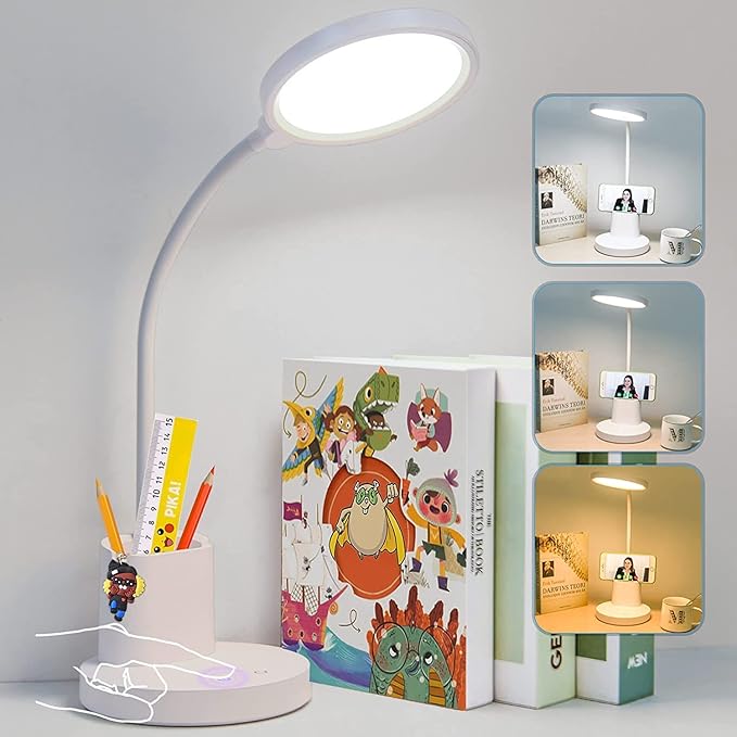 GOLSPARK Battery Operated Desk Lamp LED Rechargeable 4500mAh White LED Desk Lamps Dimmable, Touch Control 360°Flexible Dorm Reading Lamp for Students-3 Color Modes with Pen Holder Phone Stand - LeafyLoom
