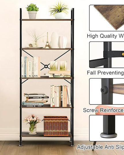 5 Tier Bookshelf Bookcase Wood Tall Bookshelf Open Shelf,Farmhouse Bookshelf Book case, Industrial Bookshelf Storage Organizer for Bedroom,Living Room,Office, Rustic Brown - LeafyLoom