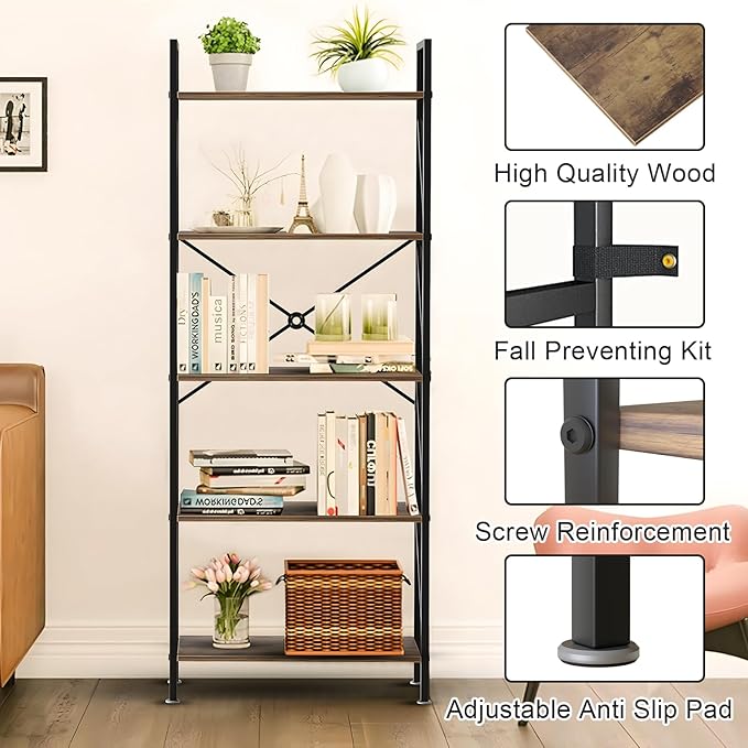 5 Tier Bookshelf Bookcase Wood Tall Bookshelf Open Shelf,Farmhouse Bookshelf Book case, Industrial Bookshelf Storage Organizer for Bedroom,Living Room,Office, Rustic Brown - LeafyLoom