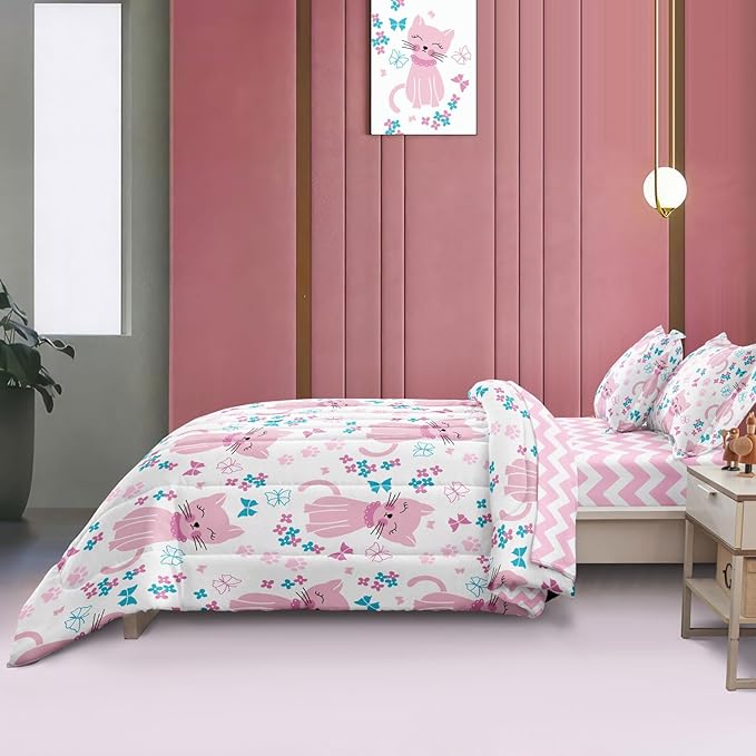 Kids Cat Bedding Twin Size Bed in a Bag, Cute Pink Animal Comforter Set for Teen Girls Bedroom Decor, Kawaii Floral Butterfly Bedding Sets & Collections - LeafyLoom