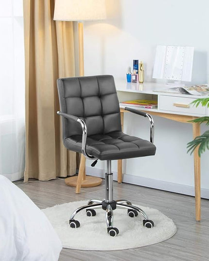 Yaheetech Mid Back Desk Chair, PU Leather Office Task Chair with Armrests/Large Seat, Adjustable Chair with Wheels, Grey - LeafyLoom