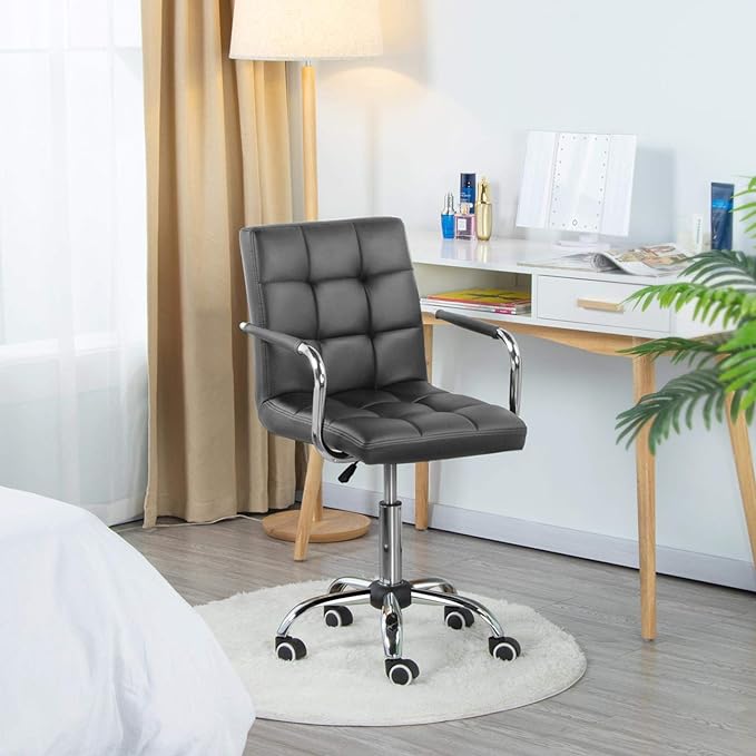 Yaheetech Mid Back Desk Chair, PU Leather Office Task Chair with Armrests/Large Seat, Adjustable Chair with Wheels, Grey - LeafyLoom
