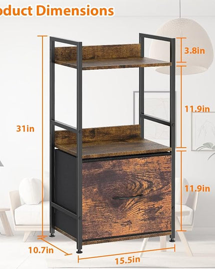 Book Shelf with Storage 3 Tier Narrow Skinny Short Standing Shelves Bookcase with Drawers for Bedroom Living Room, Small Bookshelf for Small Space Rustic Shelf Organizer Office Display Shelf - LeafyLoom
