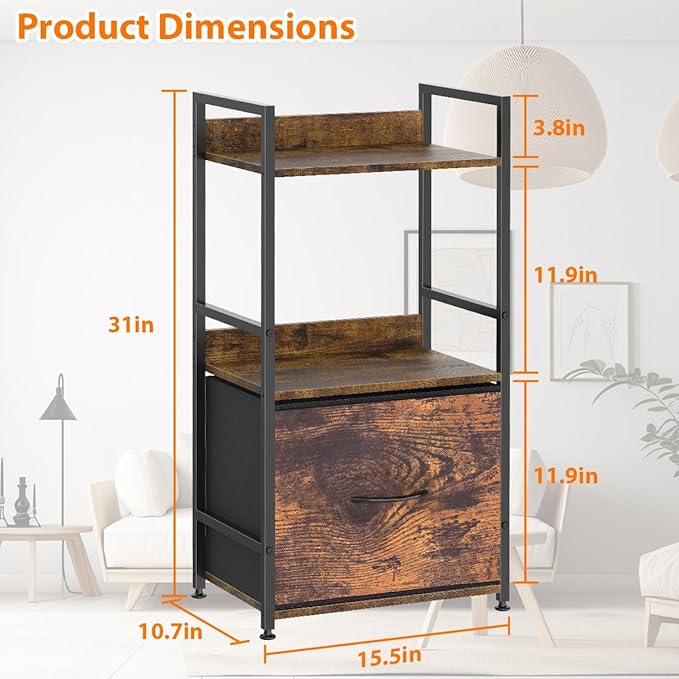 Book Shelf with Storage 3 Tier Narrow Skinny Short Standing Shelves Bookcase with Drawers for Bedroom Living Room, Small Bookshelf for Small Space Rustic Shelf Organizer Office Display Shelf - LeafyLoom
