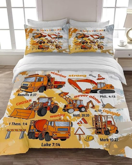 Kids Construction Vehicles Truck Comforter for Boys Queen,Cartoon Car Excavator Tractor Bedding Set,Construction Christian Spirational Quotes Comforter with 2 Pillowcases Yellow - LeafyLoom