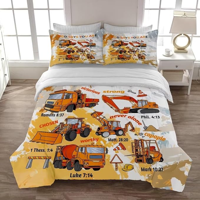 Kids Construction Vehicles Truck Comforter for Boys Queen,Cartoon Car Excavator Tractor Bedding Set,Construction Christian Spirational Quotes Comforter with 2 Pillowcases Yellow - LeafyLoom