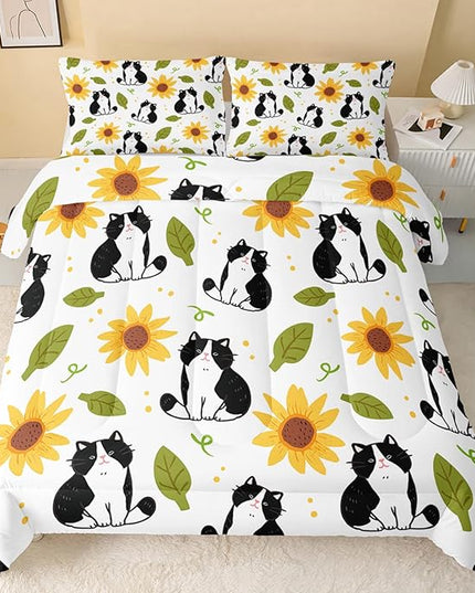 Kawaii Cat Comforter Full Size,Sunflower Cat Comforter Set for Kids Teens Girls Boys,3Pcs Bedding Set Printed Comforter with 2 Pillowcases,Down Alternative,Soft and Lightweight，Full Size - LeafyLoom