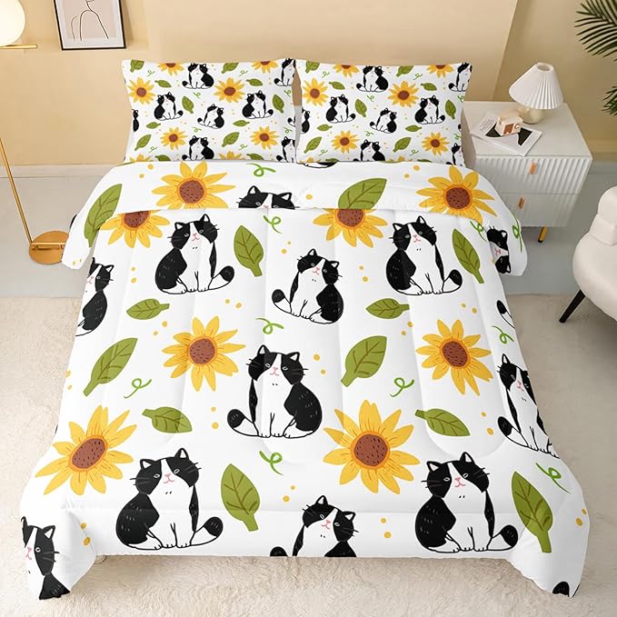 Kawaii Cat Comforter Full Size,Sunflower Cat Comforter Set for Kids Teens Girls Boys,3Pcs Bedding Set Printed Comforter with 2 Pillowcases,Down Alternative,Soft and Lightweight，Full Size - LeafyLoom
