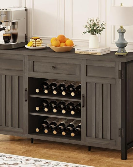 FATORRI Industrial Buffet Cabinet with Storage, Farmhouse Sideboard Cabinet with Wine Rack, Rustic Wood Coffee Bar Cabinet for Kitchen (55.12 Inch, Walnut Brown) - LeafyLoom