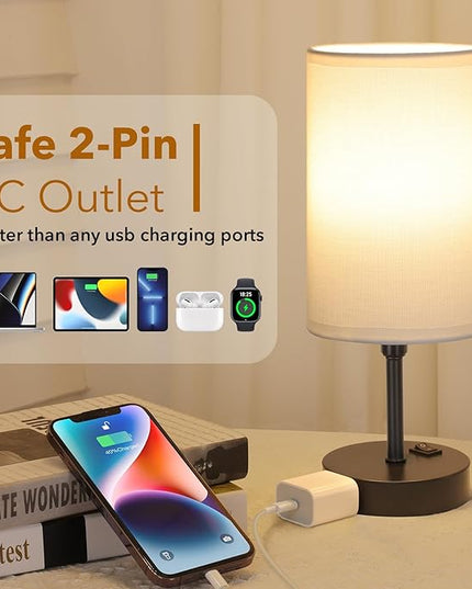 GGOYING Bedside Table Lamp,3-Color Temperature Table Lamp with 2700K/3500K/5000K LED Bulb and AC Outlet, Small Lamp with Round White Fabric Shade for Bedroom - LeafyLoom