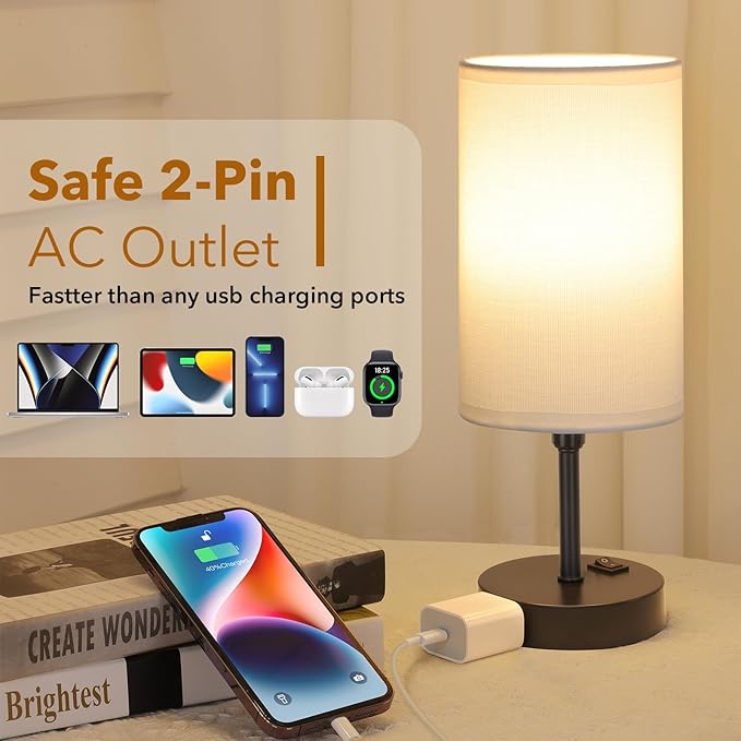 GGOYING Bedside Table Lamp,3-Color Temperature Table Lamp with 2700K/3500K/5000K LED Bulb and AC Outlet, Small Lamp with Round White Fabric Shade for Bedroom - LeafyLoom