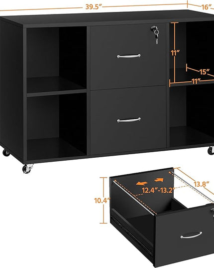 Yaheetech Black File Cabinet Large Mobile Storage Lateral Filing Cabinet with 2 Drawer and 4 Open Compartments,for Letter Size A4 Size, Printer Stand for Home Office, Black - LeafyLoom
