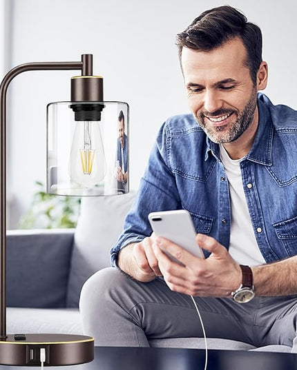 Industrial Touch Table Lamps Set of 2 - Bedside Lamps with 2 USB Ports & AC Outlet, 3-Way Dimmable Nightstand Desk Lamp for Bedroom Living Room, Glass Shade & 2 LED Bulbs Included - Oil-Rubbed Bronze - LeafyLoom
