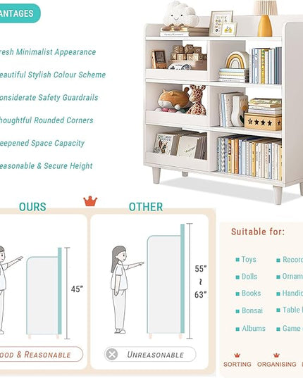 Wooden Cube Bookcase with Legs - 3-Tier Open Shelf Kidsroom Sorted Storage Cabinet Organizer for Books and Toys, 6-Cube Lattice Cute Cubby Bookshelf in Pearl White, 32" W - LeafyLoom