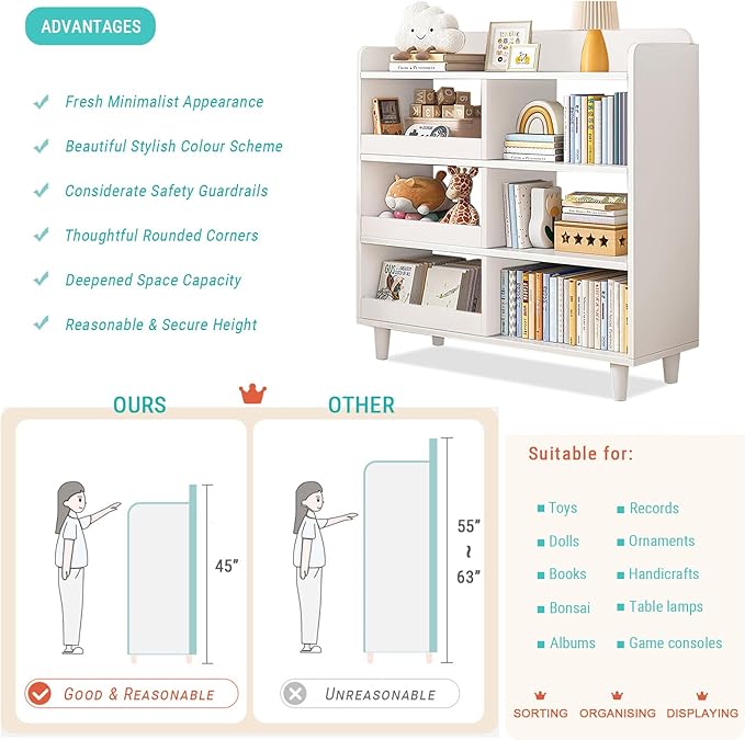 Wooden Cube Bookcase with Legs - 3-Tier Open Shelf Kidsroom Sorted Storage Cabinet Organizer for Books and Toys, 6-Cube Lattice Cute Cubby Bookshelf in Pearl White, 32" W - LeafyLoom
