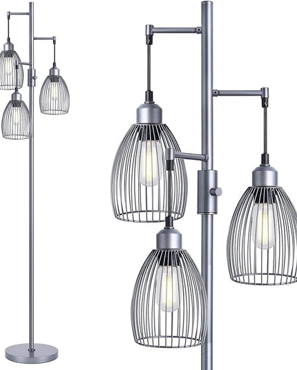 Nintiue Dimmable Floor Lamp, 3 x 800LM LED Edison Bulbs Included, Industrial Floor Lamp Standing Tree Lamp with Elegant Teardrop Cage Heads Tall Lamps for Living Room Bedroom-Grey - LeafyLoom