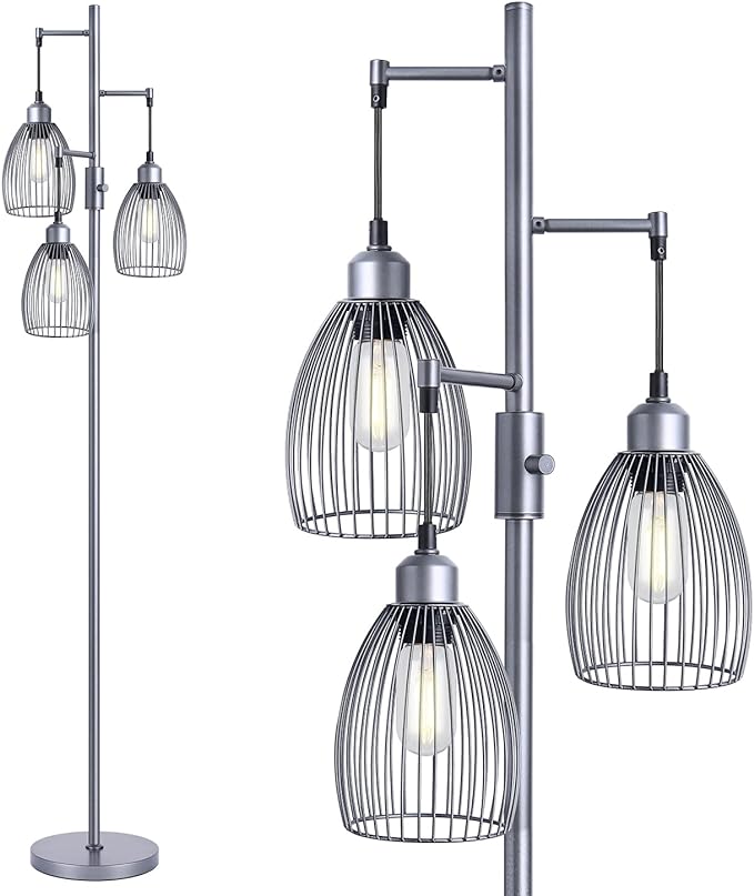 Nintiue Dimmable Floor Lamp, 3 x 800LM LED Edison Bulbs Included, Industrial Floor Lamp Standing Tree Lamp with Elegant Teardrop Cage Heads Tall Lamps for Living Room Bedroom-Grey - LeafyLoom
