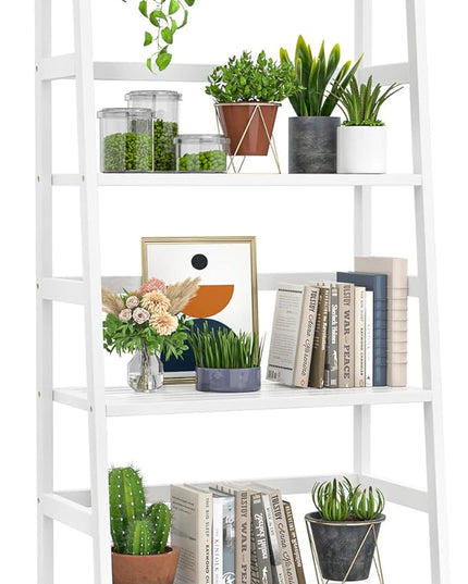 Homykic Bamboo White Bookshelf 4-Tier Ladder Shelf, 49.2” Freestanding Open Bookcase Book Shelf Bathroom Storage Shelf Unit Plant Stand for Small Space, Bedroom, Living Room, Home Office - LeafyLoom