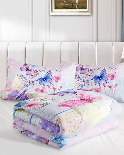 Datura home Watercolor Butterfly Comforter Bedding Set for Girls Kids Teens,Lightweight Colorful Floral Butterfly Printed Tie-dye with 2 Pillowcases(Watercolor Butterfly Full),Butterfly Purple - LeafyLoom