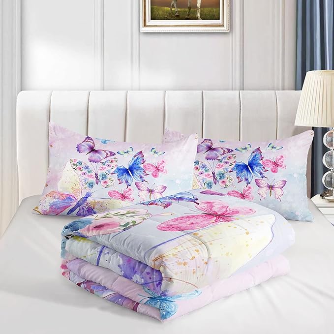 Datura home Watercolor Butterfly Comforter Bedding Set for Girls Kids Teens,Lightweight Colorful Floral Butterfly Printed Tie-dye with 2 Pillowcases(Watercolor Butterfly Twin),Butterfly Purple - LeafyLoom