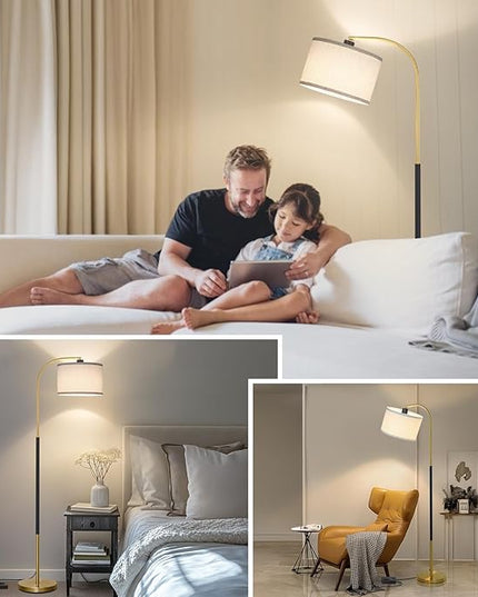 Dimmable Floor Lamp for Living Room, Arc Floor Lamps with Adjustable Drum Shade Pedal Switch, Black and Gold Tall Standing Lamp with 9W LED Bulb, Modern Reading Light Pole Lamp for Bedroom, Office - LeafyLoom