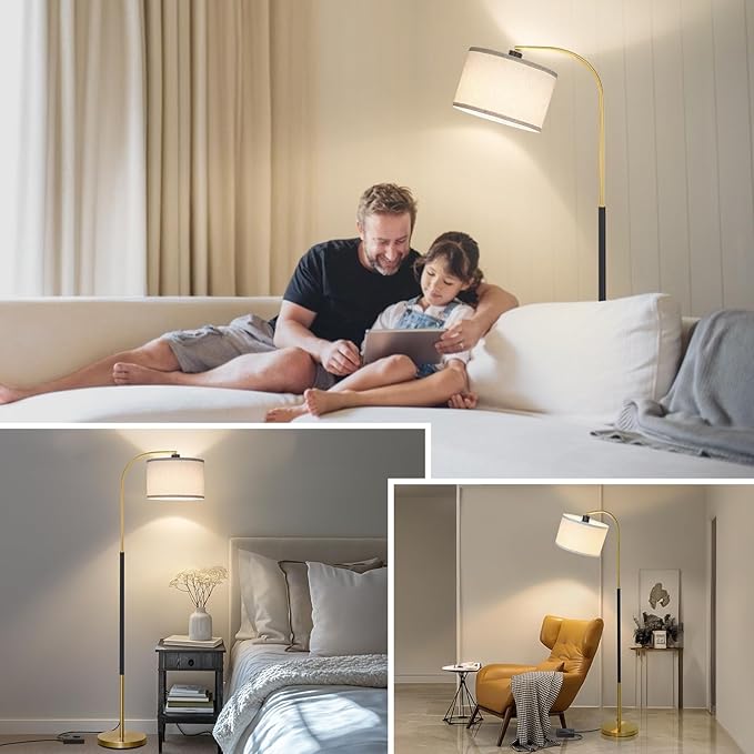 Dimmable Floor Lamp for Living Room, Arc Floor Lamps with Adjustable Drum Shade Pedal Switch, Black and Gold Tall Standing Lamp with 9W LED Bulb, Modern Reading Light Pole Lamp for Bedroom, Office - LeafyLoom