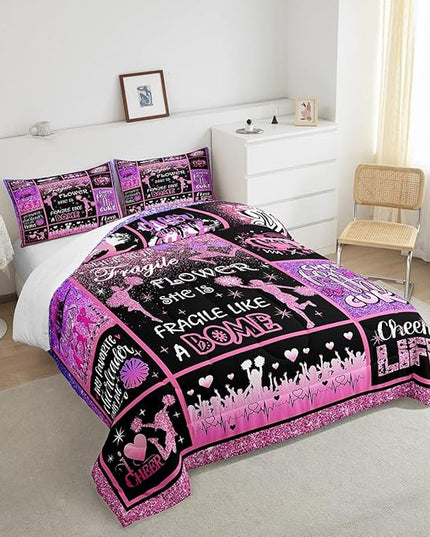 Cheerleading Comforter Set Cheer Gifts,Cheerleader Loves Bedding Set for Kids Girls Teens Adult,Cheer Pink (no real) Sequins Quilt Set Full Geometric Plaid Patchwork Duvet Insert with 2 Pillowcases - LeafyLoom