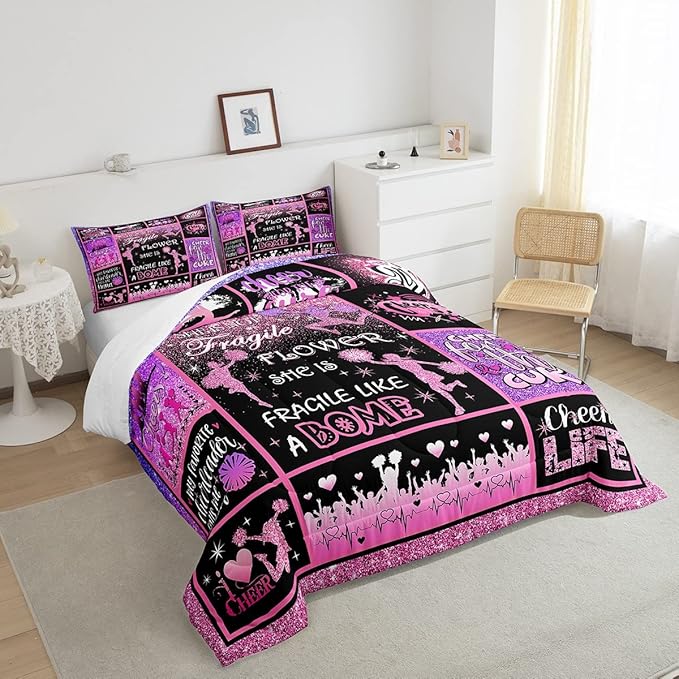 Cheerleading Comforter Set Cheer Gifts,Cheerleader Loves Bedding Set for Kids Girls Teens Adult,Cheer Pink (no real) Sequins Quilt Set King Geometric Plaid Patchwork Duvet Insert with 2 Pillowcases - LeafyLoom
