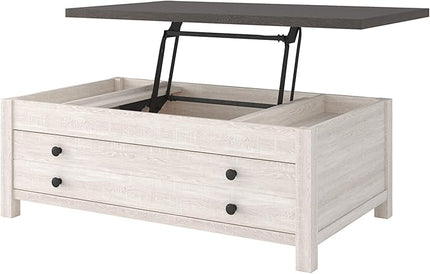 Signature Design by Ashley Dorrinson Farmhouse Lift Top Coffee Table with Storage, Antique White & Brown - LeafyLoom