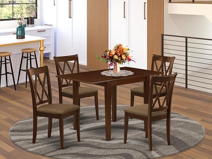East West Furniture NDCL5-MAH-C Norden 5 Piece Room Furniture Set Includes a Rectangle Dining Table with Dropleaf and 4 Linen Fabric Upholstered Chairs, 30x48 Inch, Mahogany - LeafyLoom