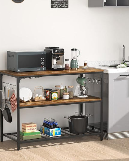 Homieasy Kitchen Island with Wine Glass Holder, Industrial Wood and Metal Coffee Bar Rack, 3 Tier Spacious Prep Table Extended Counter with Hooks Easy to Assemble, Rustic Brown - LeafyLoom