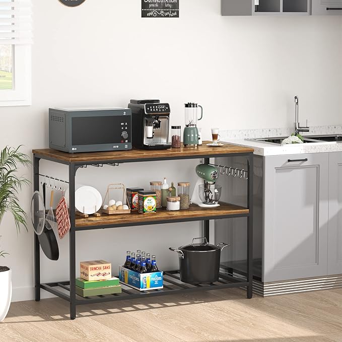 Homieasy Kitchen Island with Wine Glass Holder, Industrial Wood and Metal Coffee Bar Rack, 3 Tier Spacious Prep Table Extended Counter with Hooks Easy to Assemble, Rustic Brown - LeafyLoom