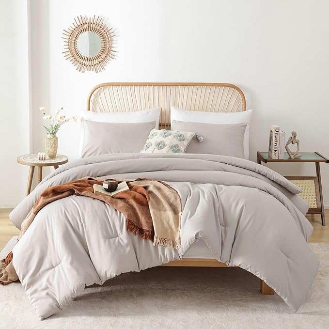 ROSGONIA California King Comforter Set Linen Grey, 3pcs (1 Boho Gray Cal King Comforter & 2 Pillowcases), All Season Soft Bedding Blanket Quilts - LeafyLoom