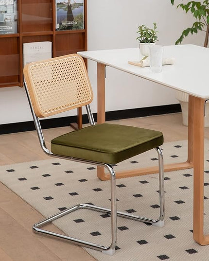 Dining Chairs Set of 2, Velvet Rattan Side Accent Chairs with Chrome Legs, Modern Mid Century Breuer Designed Chairs, Upholstered Dining Living Room Kitchen Chairs (Olive Green-2pcs) - LeafyLoom