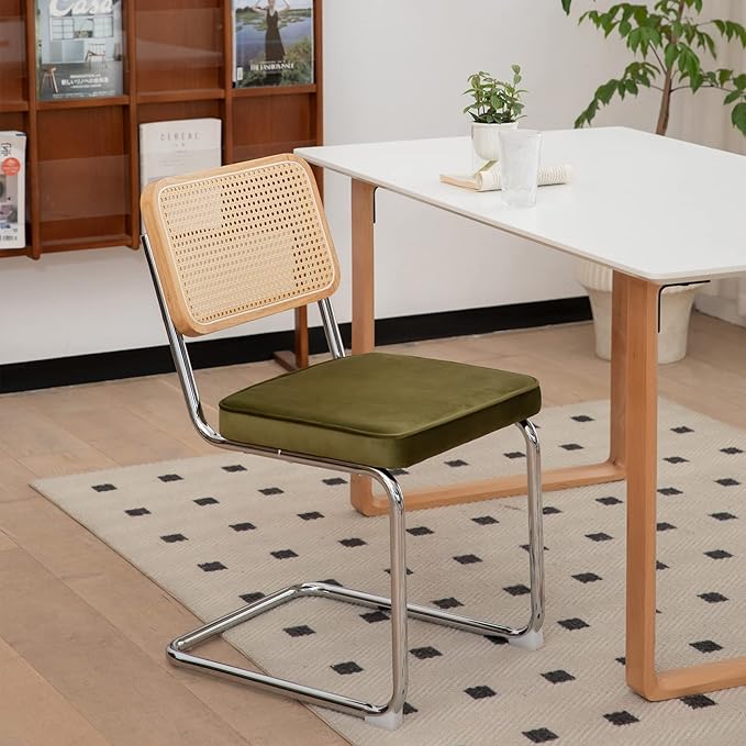 Dining Chairs Set of 2, Velvet Rattan Side Accent Chairs with Chrome Legs, Modern Mid Century Breuer Designed Chairs, Upholstered Dining Living Room Kitchen Chairs (Olive Green-2pcs) - LeafyLoom