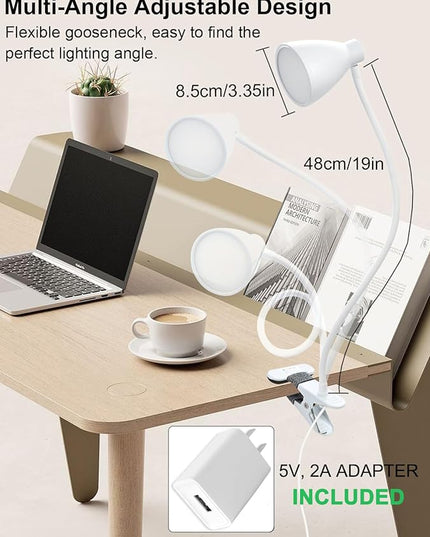 BOHON Clamp Lamp Reading Light 3 Color Modes 10 Brightness Dimmer Bedside Lamp 10W 38 LED Desk Lamp with Auto Off Timer 360° Flexible Gooseneck Clip on Light for Bed, USB Cord Include, White - LeafyLoom