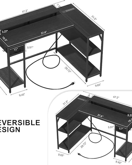 L Shaped Gaming Desk with Power Outlet & LED Light, 47 inch Reversible L Shaped Desk, Gaming Desk with Hook & Monitor Stand, Computer Desk with Drawer and Shelves for Home Office Bedroom - LeafyLoom