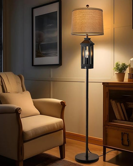 63" Floor Lamps for Living Room Bedside Nightstand Lamp All Black Tall Standing Lamp for Home Decor Bedroom Reading Lamp Farmhouse Rustic Bed Lights with 2 Light Sources (2 Bulbs) - LeafyLoom