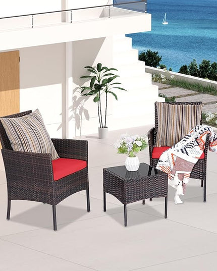 Patio Furniture Set 3 Pieces All-Weather Rattan Outdoor Furniture Patio Chairs with Tempered Glass Table for Porch Bistro Balcony Bistro Set(Brown/Red) - LeafyLoom
