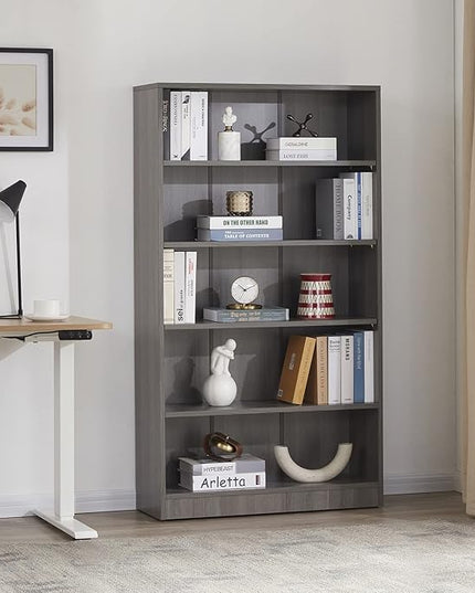 Farini Grey Bookshelf for Bedroom 5 Shelf Office Bookcase 60 Inches Tall Modern Wood Bookshelf for Living Room 5 Tier Wide Manga Bookshelf Library Bookcase - LeafyLoom